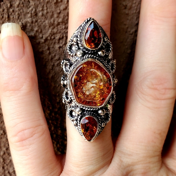 New Baltic Amber & Citrine 925 Silver Statement Ring. - Picture 10 of 13